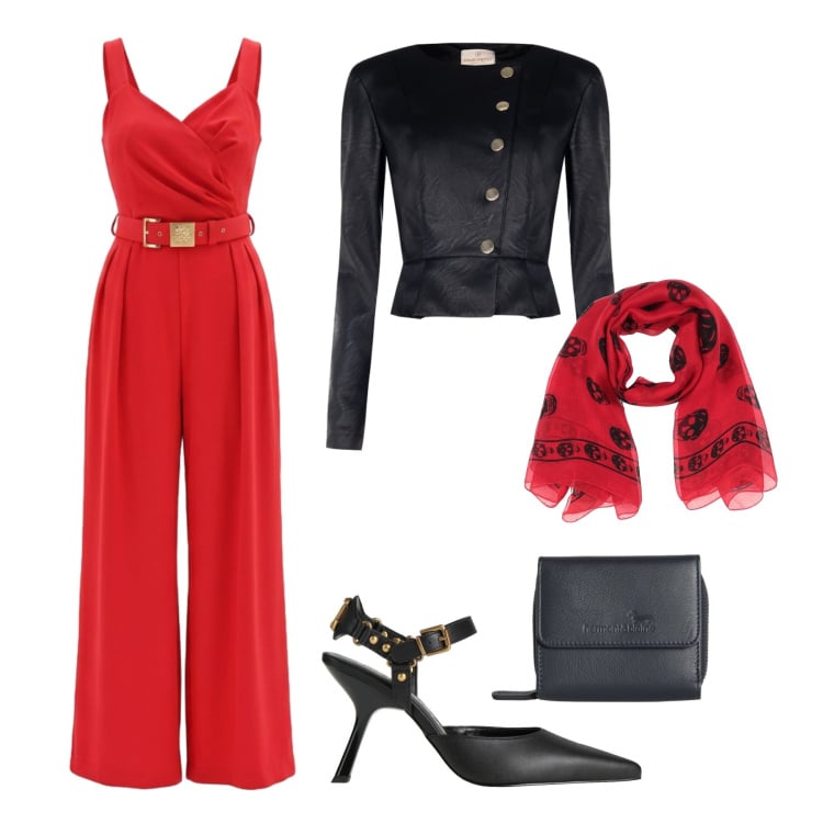 Outfit donna - Rosso chic. Stile Chic per Serata fuori. Abbinamento con décolleté, sciarpe, portafogli, tute, giacche.