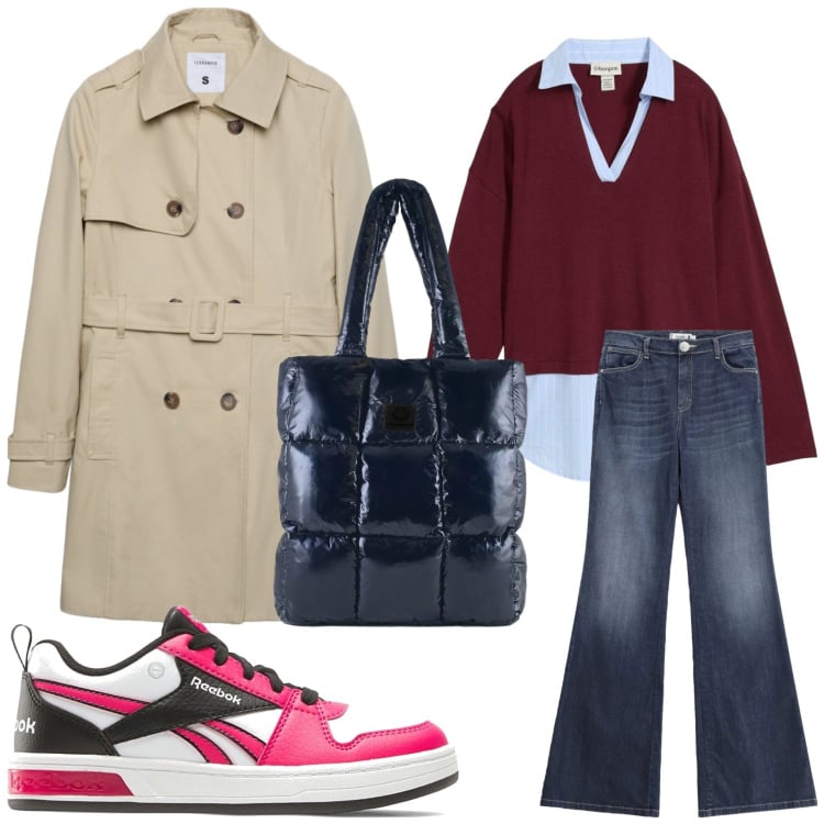 Outfit donna - Urban. Stile Urban per Tutti i giorni. Abbinamento con maglieria, jeans a zampa, shopping bag, trench, sneakers.