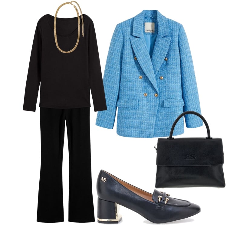 Outfit donna - Blazer in bouclé. Stile Bon Ton per Ufficio. Abbinamento con blazer, pantaloni, maglieria, collane, décolleté, borse a tracolla.