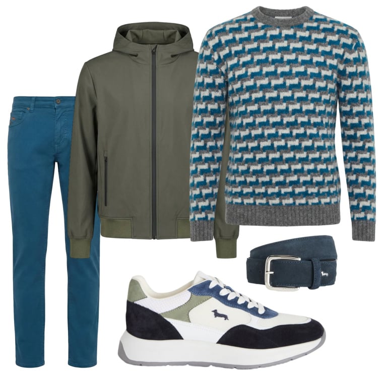 Outfit uomo - Geometrie sul bluette. Stile Urban per Tutti i giorni. Abbinamento con sneakers, cinture, pullovers, pantaloni, giacche.