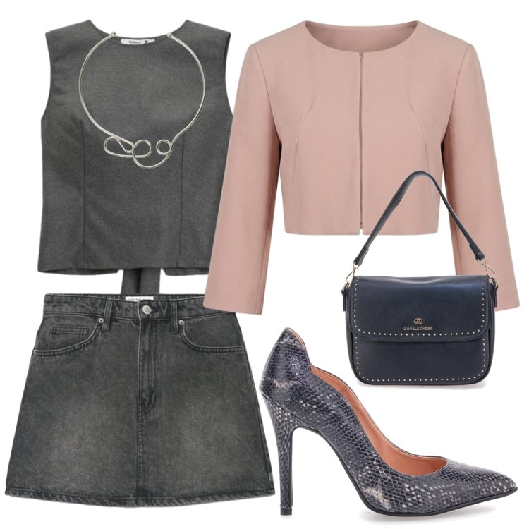 Outfit donna - Soft Urban Chic. Stile Casual chic per Tutti i giorni. Abbinamento con minigonne, top, bolero, collane, décolleté, borse a tracolla.