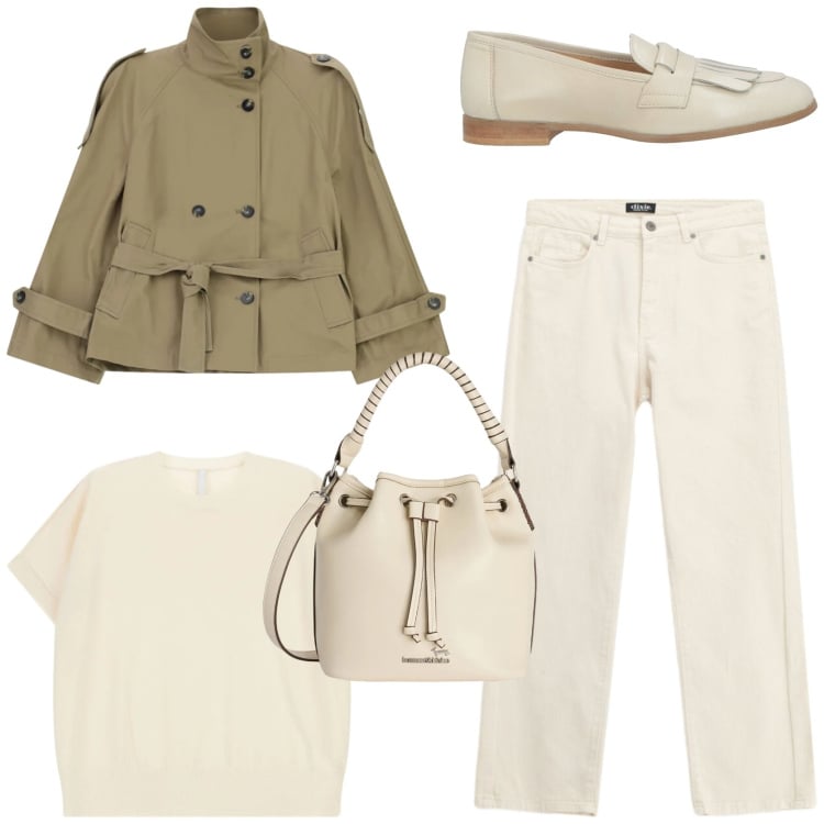 Outfit donna - Spring outfit. Stile Casual chic per Tutti i giorni. Abbinamento con mocassini, borse a secchiello, t-shirt, trench, jeans dritti.
