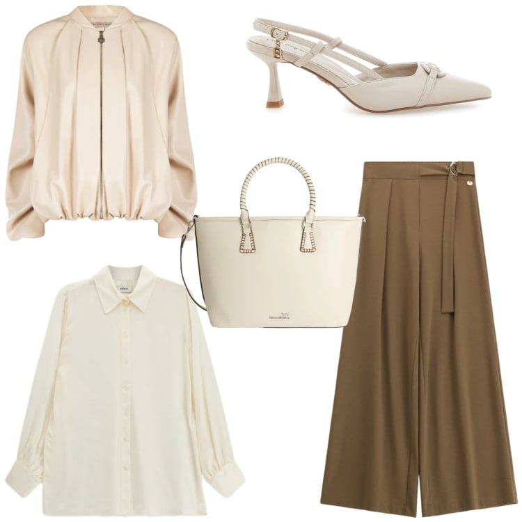 Outfit donna - Serata chic. Stile Chic per Serata fuori. Abbinamento con shopping bag, bomber, pantaloni a palazzo, camicie, décolleté.