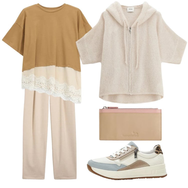 Outfit donna - Trendy e comoda. Stile Urban per Tutti i giorni. Abbinamento con sneakers, pantaloni, portafogli, cardigans, t-shirt.