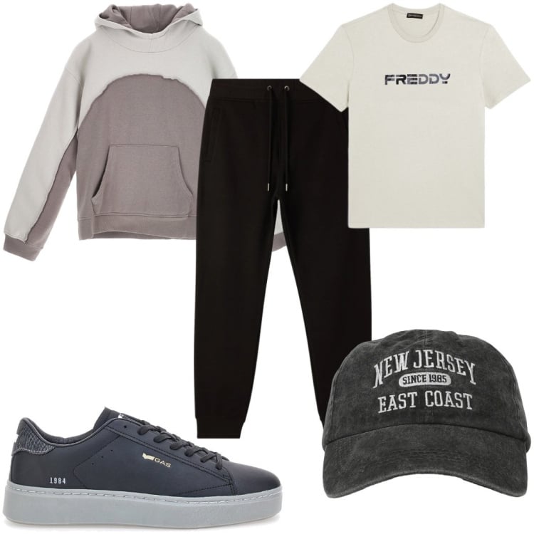 Outfit uomo - Total look #2366213. Stile Trendy per Sport. Abbinamento con t-shirt, cappelli con visiera, pantaloni, sneakers, felpe con cappuccio.