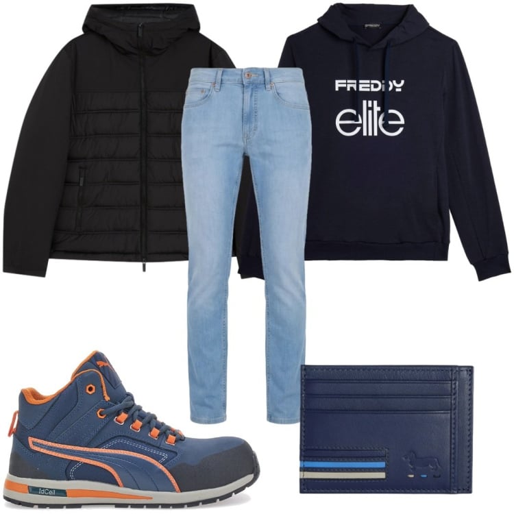 Outfit uomo - Total look #2366214. Stile Casual per Tutti i giorni. Abbinamento con portafogli, jeans, felpe con cappuccio, piumini, scarpe stringate.