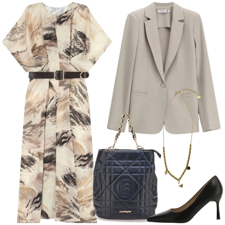 Outfit donna - Il pranzo della domenica. Stile Casual chic per Serata fuori. Abbinamento con blazer, décolleté, vestiti lunghi, ciondoli, zaini.