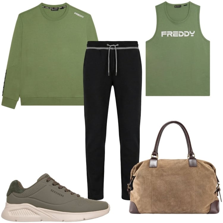 Outfit uomo - Total look #2366216. Stile Trendy per Sport. Abbinamento con pantaloni, felpe, canottiere, borse sportive, sneakers.