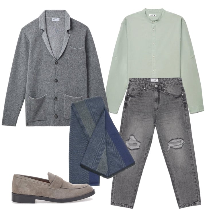 Outfit uomo - Marzo. Stile Trendy per Tutti i giorni. Abbinamento con giacche, scarpe stringate, camicie, sciarpe, jeans strappati.