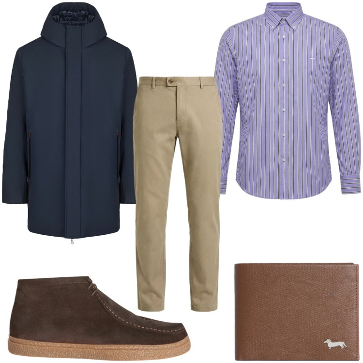 Outfit uomo - Total look #2366225. Stile Casual per Tutti i giorni. Abbinamento con portafogli, stivali e stivaletti, pantaloni chino, camicie, parka.
