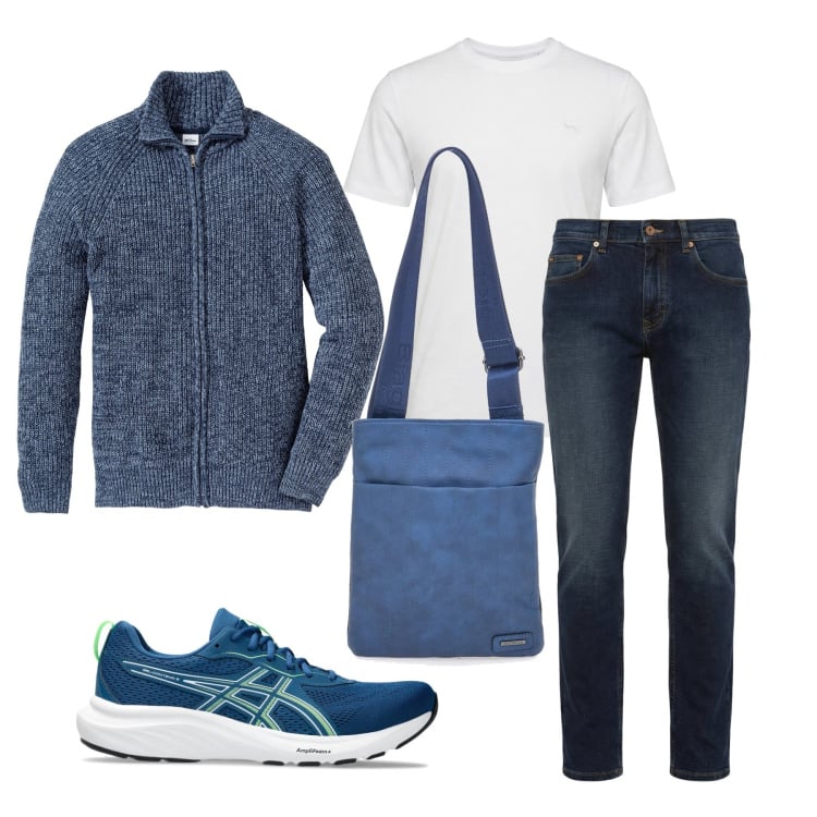 Outfit uomo - Marzo. Stile Trendy per Tutti i giorni. Abbinamento con cardigans, t-shirt, jeans, portafogli, sneakers.