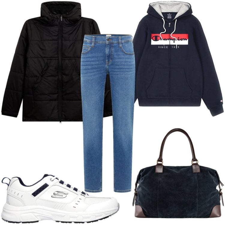 Outfit uomo - Total look #2366232. Stile Casual per Tutti i giorni. Abbinamento con jeans bootcut, giacche, borse sportive, sneakers, felpe con cappuccio.