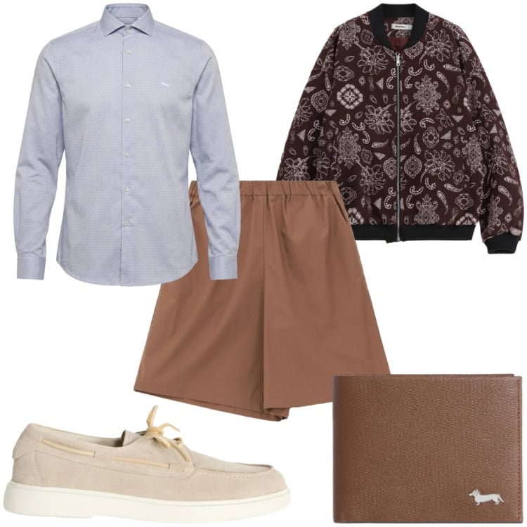 Outfit uomo - Total look #2366233. Stile Trendy per Tutti i giorni. Abbinamento con scarpe stringate, portafogli, camicie, bomber, bermuda.