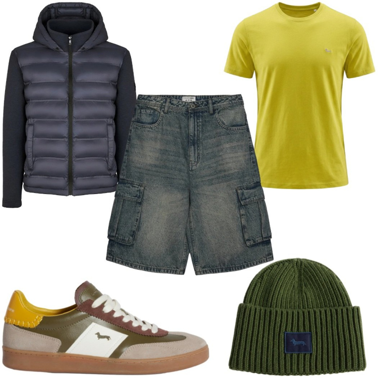 Outfit uomo - Total look #2366234. Stile Trendy per Tutti i giorni. Abbinamento con pantaloni corti, sneakers, t-shirt, berretti, piumini.