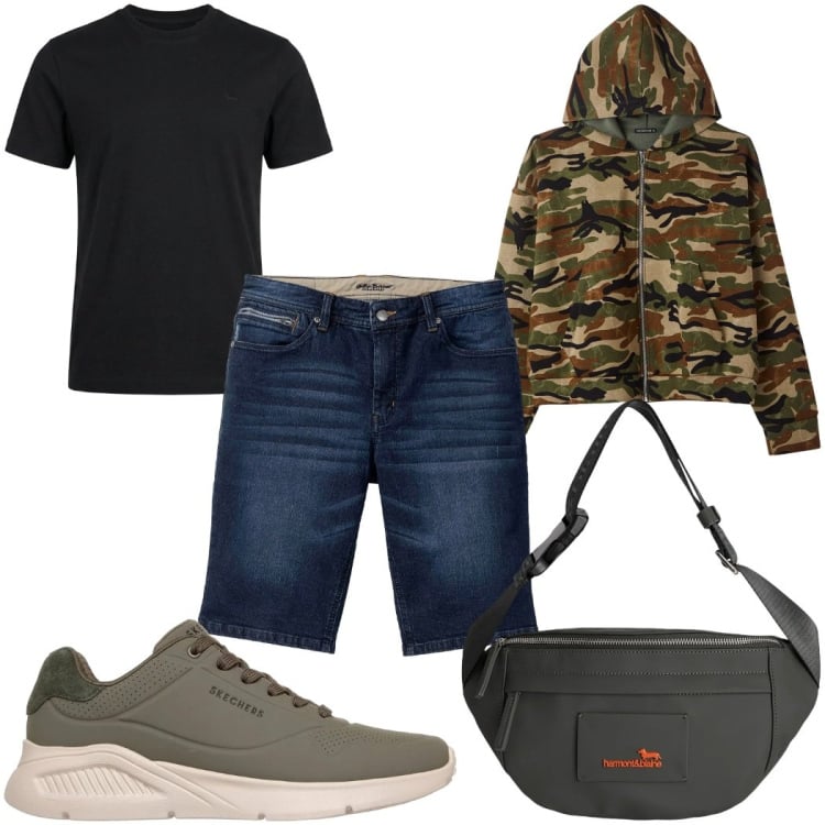 Outfit uomo - Total look #2366236. Stile Casual per Tutti i giorni. Abbinamento con bermuda, borse sportive, t-shirt, felpe con cappuccio, sneakers.