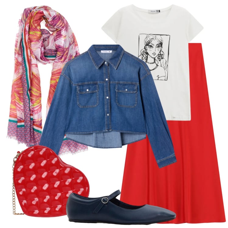Outfit donna - Caffè con le ragazze. Stile Casual per Scuola/Università. Abbinamento con ballerine, camicie, borse a tracolla, t-shirt, gonne lunghe, sciarpe.