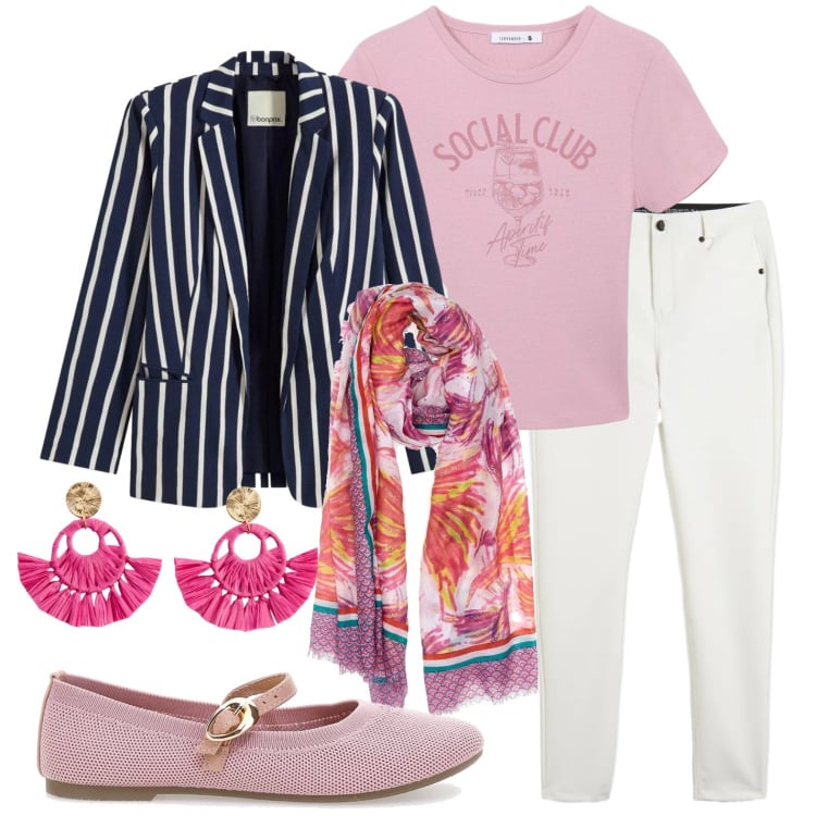 Outfit donna - Blazer a righe. Stile Casual per Ufficio. Abbinamento con orecchini, blazer, t-shirt, pantaloni skinny, sciarpe, ballerine.