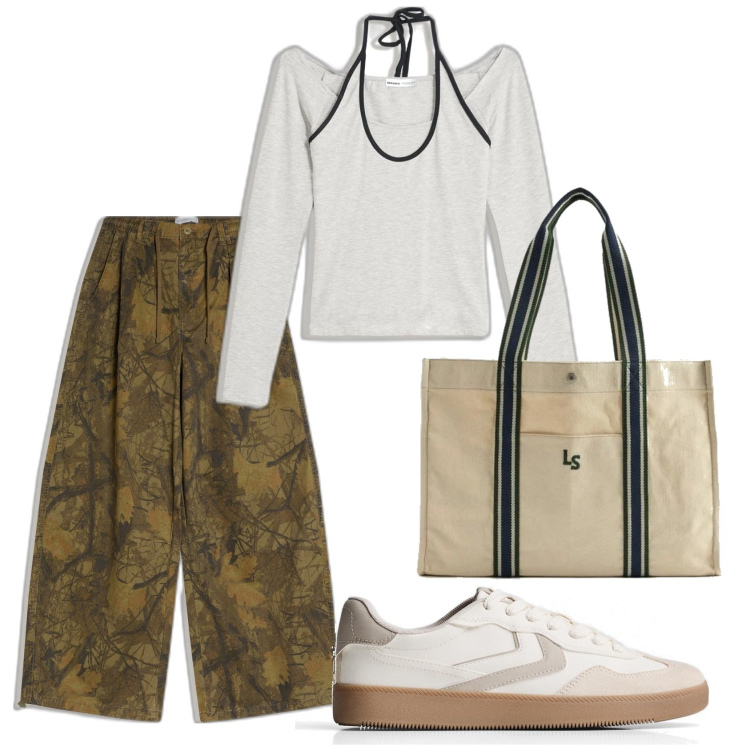 Outfit mujer - Casual look. Estilo Casual para Todos los días. Combinación con camiseta, bolso tote, pantalones cargo, sneakers.