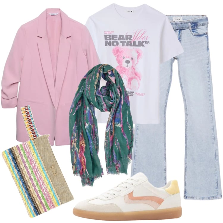 Outfit donna - Primavera in rosa. Stile Urban per Ufficio. Abbinamento con sneakers, jeans a zampa, t-shirt, blazer, foulard, pochette.