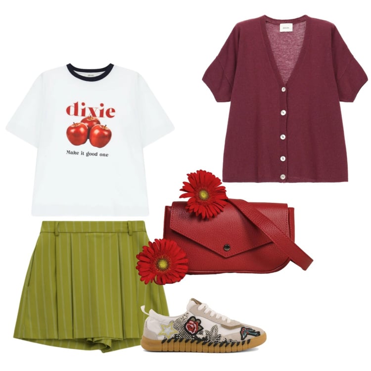 Outfit donna - Spring afternoon. Abbinamento con shorts, t-shirt, borse a tracolla, cardigans, sneakers.