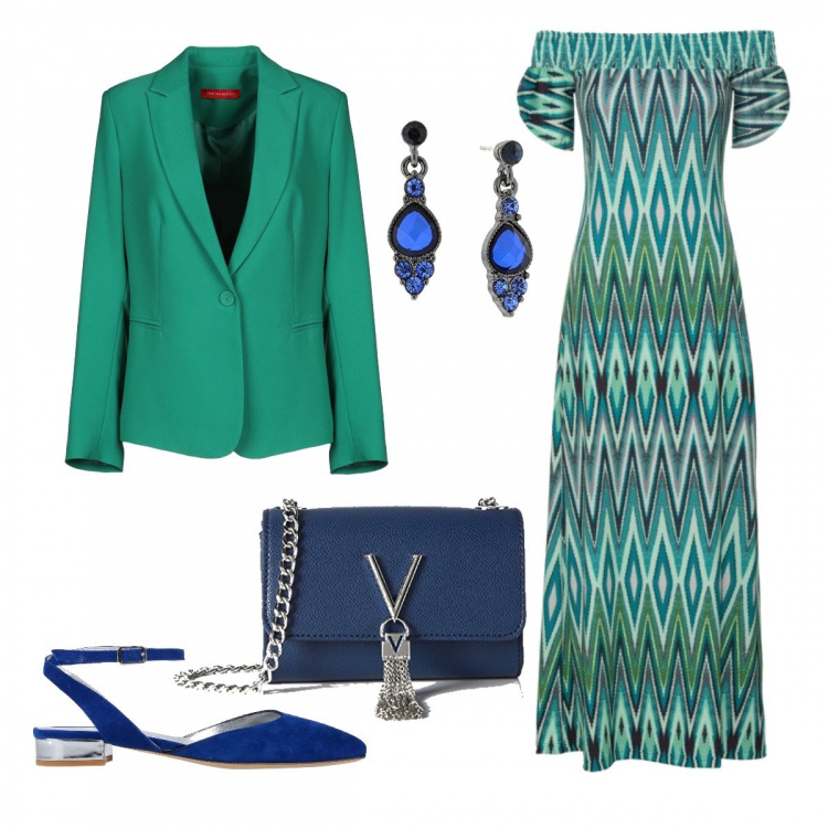 Outfit donna - Se ami Missoni. Stile Chic per Cerimonia. look ideale per Tall. Abbinamento con vestito fantasia, giacca con spacco posteriore collo con revers a maniche lunghe interno foderato crêpe, décolleté slingback effetto scamosciato con tacco squadrato e cinturino a punta tinta unita, pochette, orecchini.