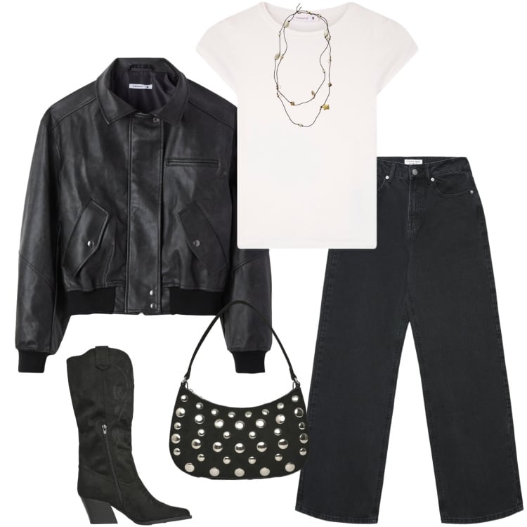 Outfit donna - Terranova new collection. Stile Casual chic per Serata fuori. Abbinamento con borse a tracolla, jeans, t-shirt, stivali, giacche, collane.