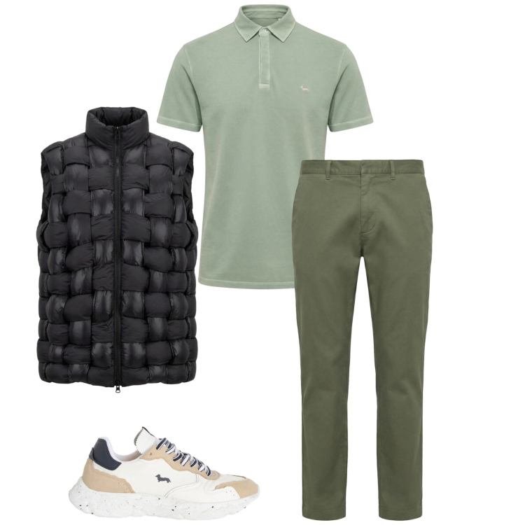 Outfit uomo - Total look #2366287. Stile Trendy per Tutti i giorni. Abbinamento con sneakers, pantaloni cargo, polo, gilet.