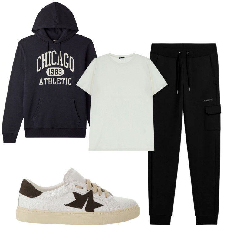 Outfit uomo - Total look #2366293. Stile Urban per Tutti i giorni. Abbinamento con t-shirt, sneakers, pantaloni cargo, felpe con cappuccio.