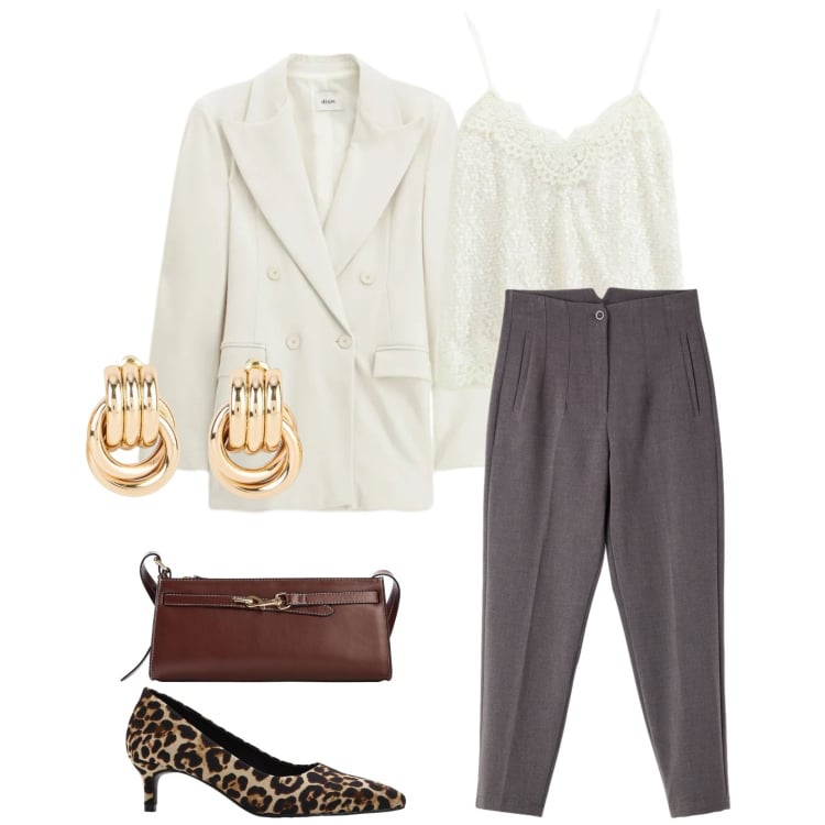 Outfit donna - Total look #2366305. Stile Chic per Serata fuori. Abbinamento con décolleté, orecchini, borse a tracolla, pantaloni, blazer, top.