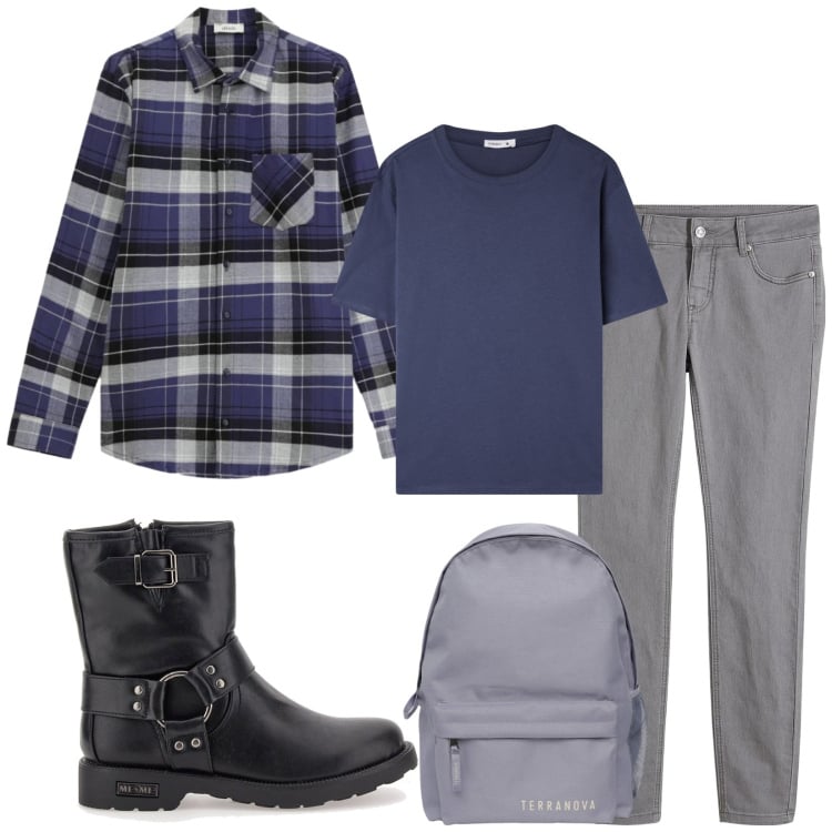 Outfit donna - Total look #2366310. Stile Urban per Tutti i giorni. Abbinamento con jeans skinny, zaini, t-shirt, camicie, stivaletti.