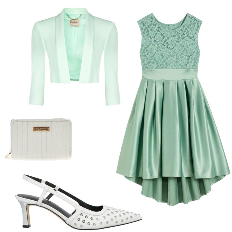 Outfit donna - Total look #2366318. Stile Bon Ton per Cerimonia. Abbinamento con décolleté, vestiti asimmetrici, bolero, portafogli.