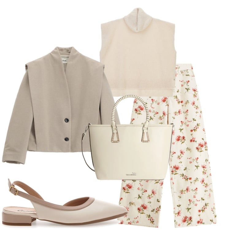 Outfit donna - Total look #2366319. Stile Casual chic per Tutti i giorni. Abbinamento con shopping bag, pantaloni a palazzo, blazer, maglieria, ballerine.