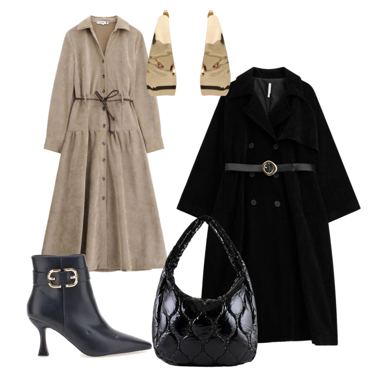 Outfit donna - L\'abito lungo chemisier. Stile Casual chic per Tutti i giorni. Abbinamento con vestiti lunghi, trench, orecchini, borse tote, stivaletti.