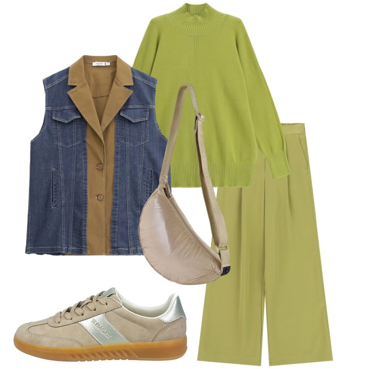 Outfit donna - Total look #2366331. Stile Casual chic per Tutti i giorni. Abbinamento con gilet, borse a tracolla, pantaloni a palazzo, maglieria, sneakers.