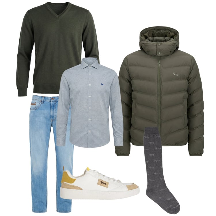Outfit uomo - Passeggiata in centro. Stile Casual per Tutti i giorni. Abbinamento con camicie, jeans, sneakers, piumini, calzini, pullovers.