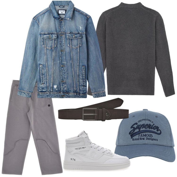 Outfit uomo - New look. Stile Casual per Tutti i giorni. Abbinamento con cappelli con visiera, giacche, sneakers, cinture, pantaloni, maglieria.