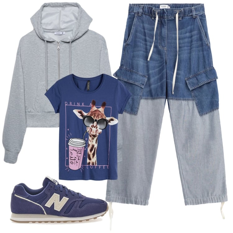 Outfit donna - Total look #2366346. Stile Casual per Scuola/Università. Abbinamento con t-shirt, felpe con cappuccio, jeans, sneakers.