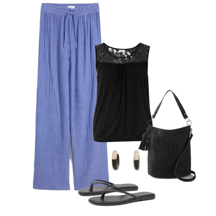 Outfit femme - Pantalon fluide lavande. Style Basique pour Tous les jours. Assortir avec sacs à main, pantalon large en bas, hauts, boucles d'oreilles, tong.