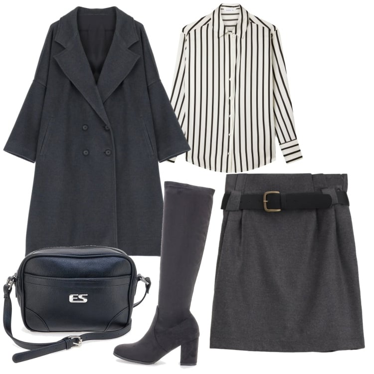 Outfit donna - Total look #2366356. Stile Basic per Ufficio. Abbinamento con camicie, cappotti, minigonne, stivali sopra il ginocchio, borse a tracolla.