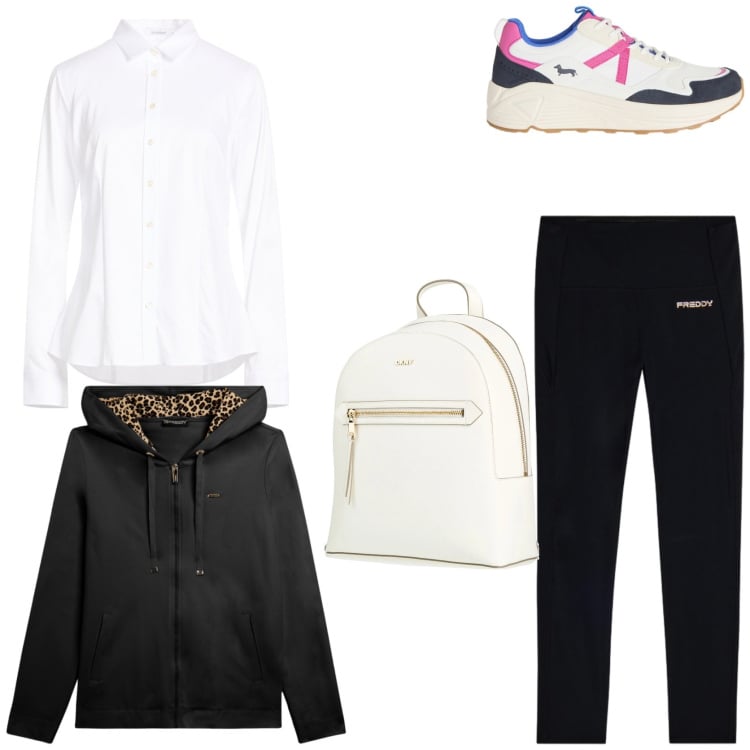 Outfit donna - Tempo libero. Stile Sporty chic per Tutti i giorni. Abbinamento con camicie, zaini, sneakers, felpe con cappuccio, leggings.