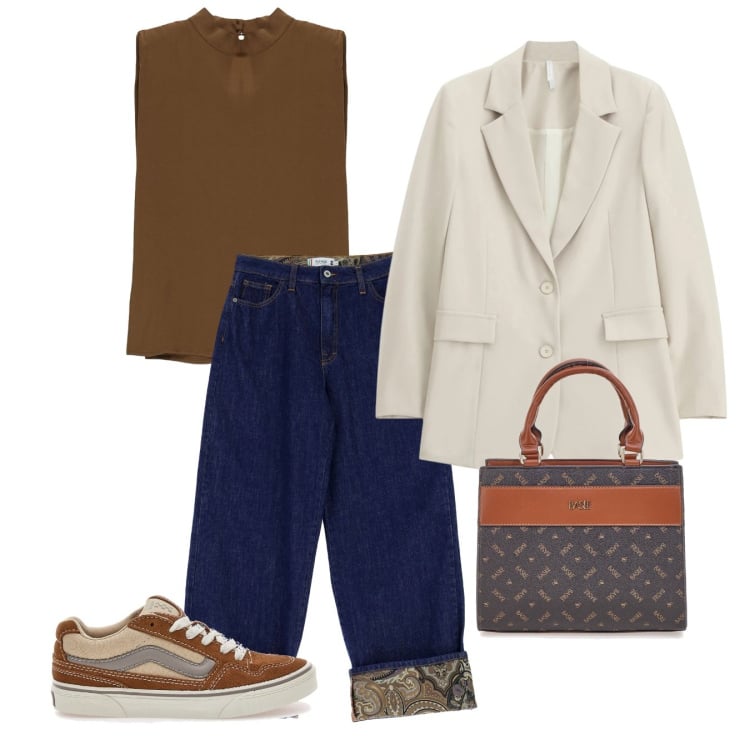 Outfit donna - I risvolti. Stile Basic per Tutti i giorni. Abbinamento con jeans, blazer, top, sneakers, borse a mano.