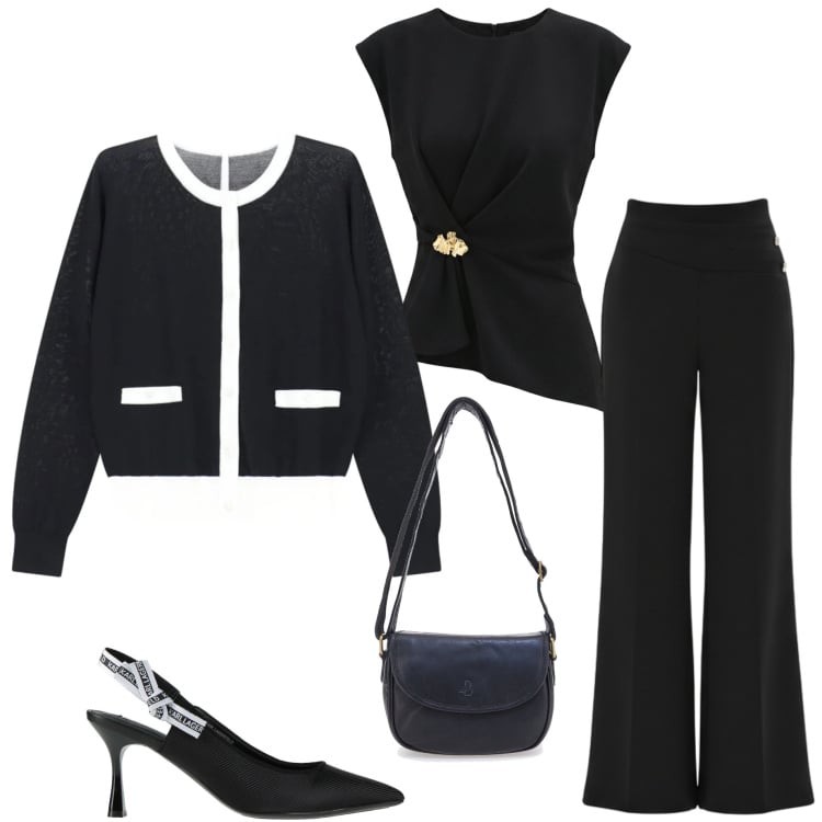 Outfit donna - Eleganza del nero. Stile Chic per Serata fuori. Abbinamento con décolleté, pantaloni a palazzo, top, cardigans, borse a tracolla.