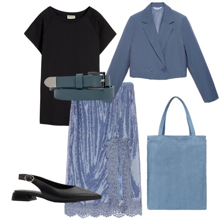 Outfit donna - Bluette. Stile Chic per Serata fuori. Abbinamento con t-shirt, ballerine, borse tote, blazer, gonne longuette, cinture.