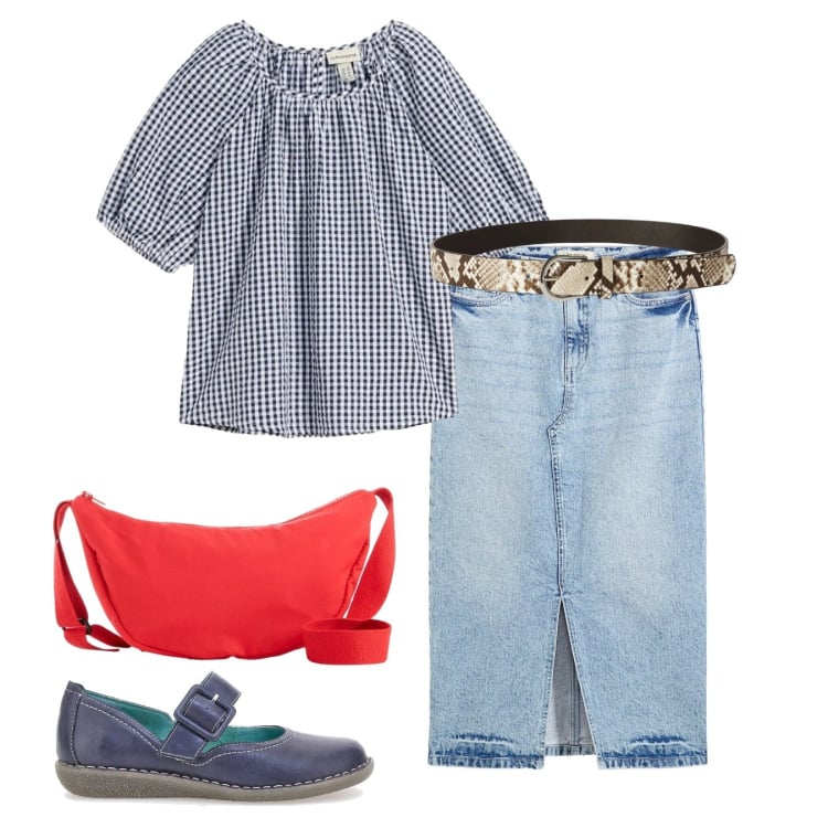 Outfit donna - Brigitte. Stile Bon Ton per Tutti i giorni. Abbinamento con gonne longuette, bluse, borse a tracolla, cinture, ballerine.