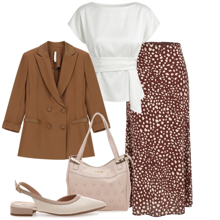 Outfit donna - Abiti che si muovono con te - Focus Donn. Stile Bon Ton per Ufficio. Abbinamento con gonne lunghe, bluse, blazer, ballerine, shopping bag.