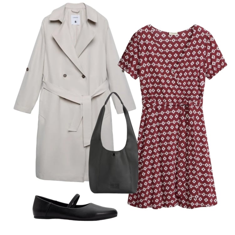 Outfit donna - Trendy trench. Stile Bon Ton per Tutti i giorni. Abbinamento con vestiti, ballerine, trench, borse a spalla.