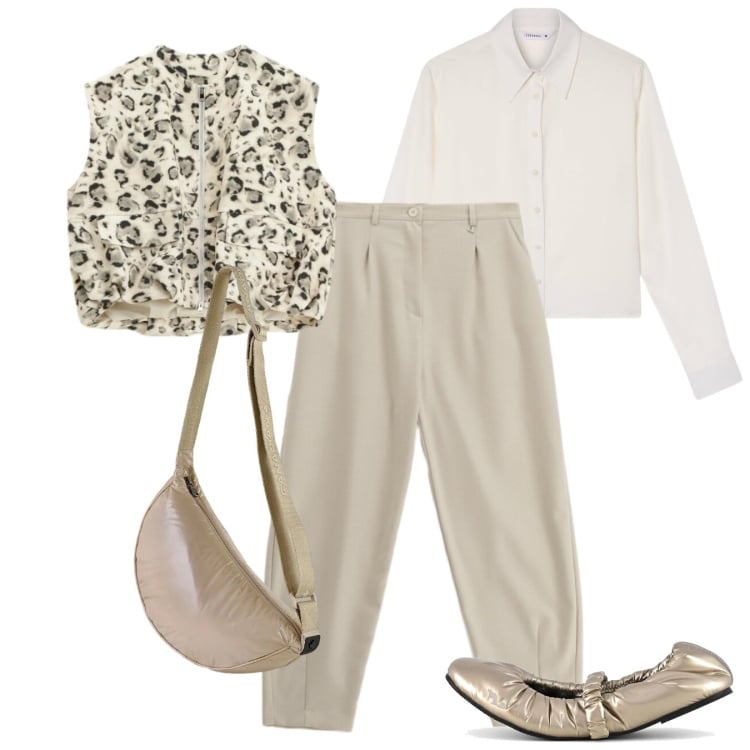 Outfit donna - Balloons e ballerine. Stile Chic per Tutti i giorni. Abbinamento con gilet, pantaloni, borse a tracolla, ballerine, camicie.