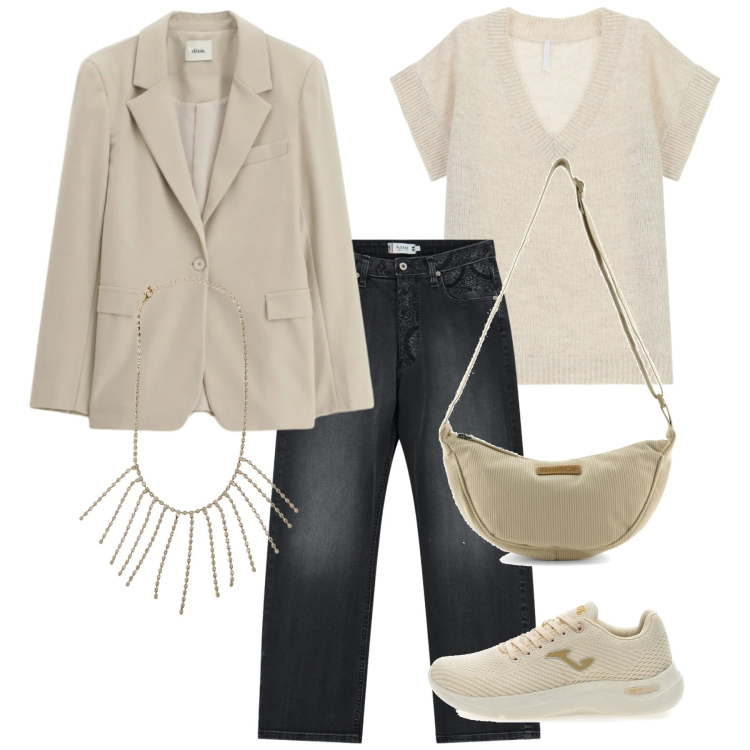 Outfit donna - Raffinata in jeans. Stile Casual chic per Tutti i giorni. Abbinamento con maglieria, blazer, jeans dritti, borse a tracolla, sneakers, collane.