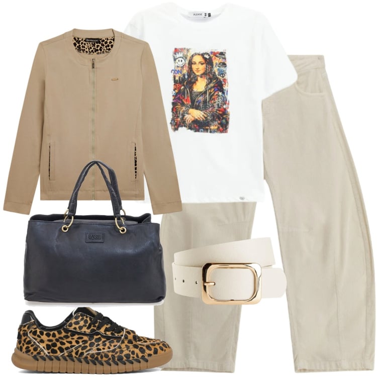 Outfit donna - Passeggiando per Parigi. Stile Casual per Tutti i giorni. Abbinamento con cinture, t-shirt, pantaloni a palazzo, felpe, sneakers, borse a mano.