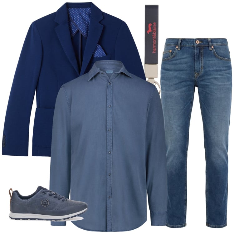 Outfit uomo - Il Total Look Denim & Navy. Stile Urban per Ufficio. Abbinamento con portachiavi, jeans, sneakers, giacche, camicie.